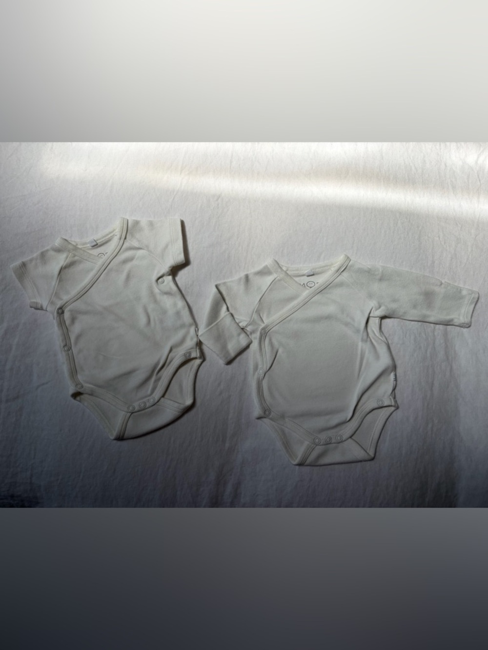 Two Baby Mori Kimono style bodysuits in Off-White - supersoft signature gabric